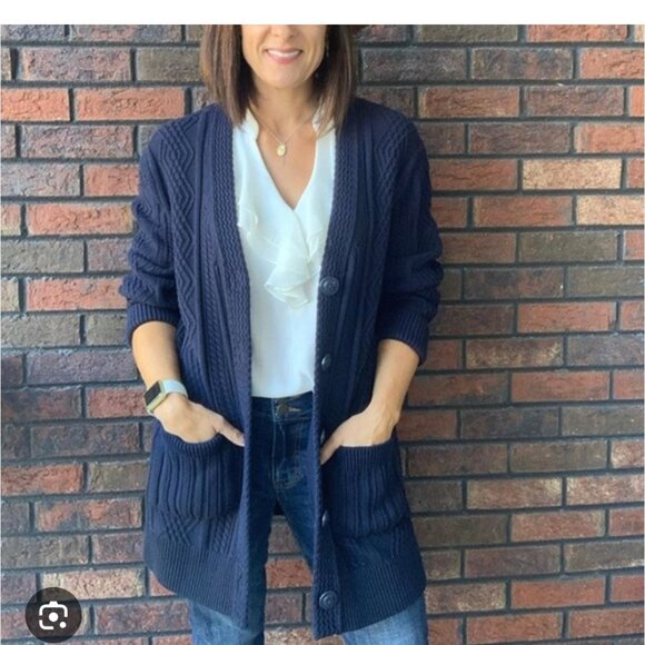 Cabi Cotton Blnd Cable Knit Cardigan Sweater Navy Blue Slat Fisherman Women M - Picture 1 of 16
